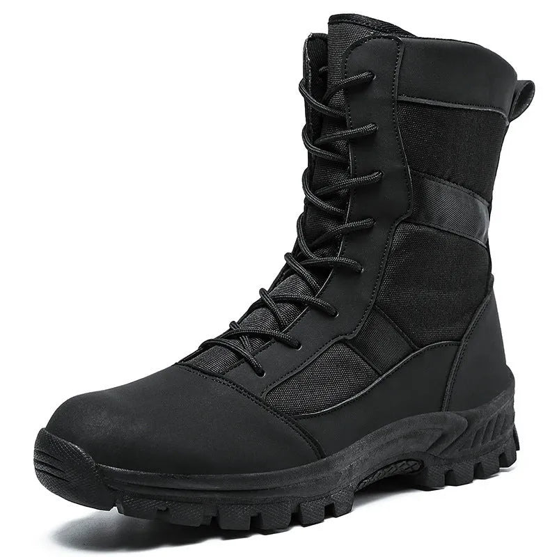 Men's black and camouflage high-top combat boots with mesh upper and totem detail.
