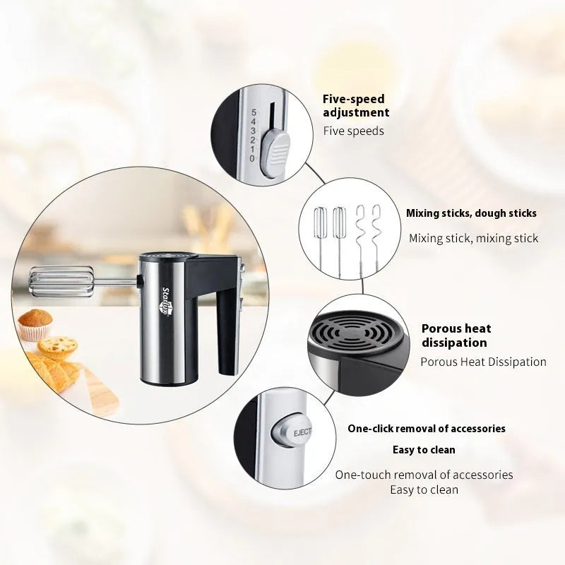 SL-25209 black electric handheld mixer with 5 speed settings and dual voltage compatibility