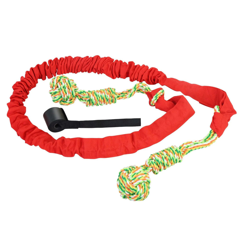 Cotton thread dog tug-of-war rope toy in red, shown with a dog during play.