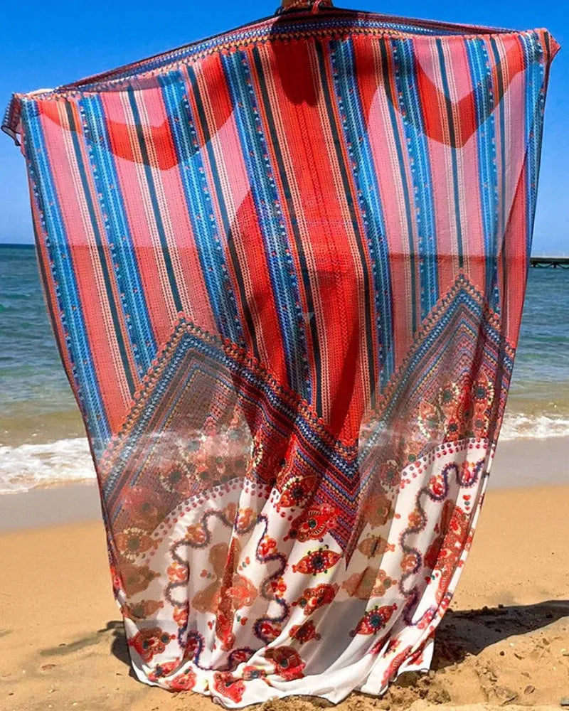 Women's three-piece swimsuit set showing high-waisted briefs, cutout sleeveless blouse and matching coat in pictured colour