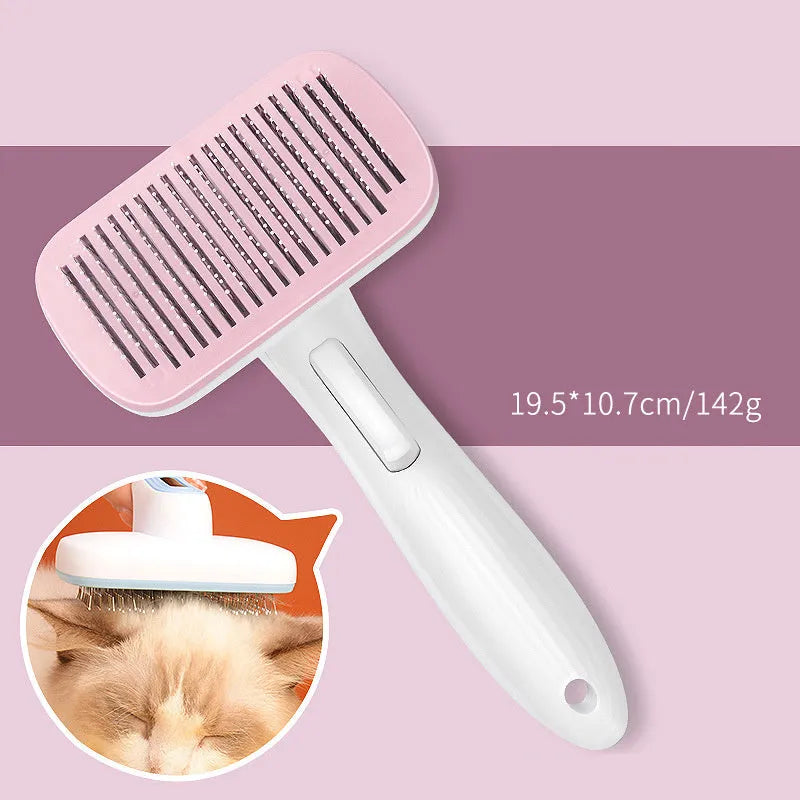 Automatic pet grooming comb for dogs and cats on a blue background.