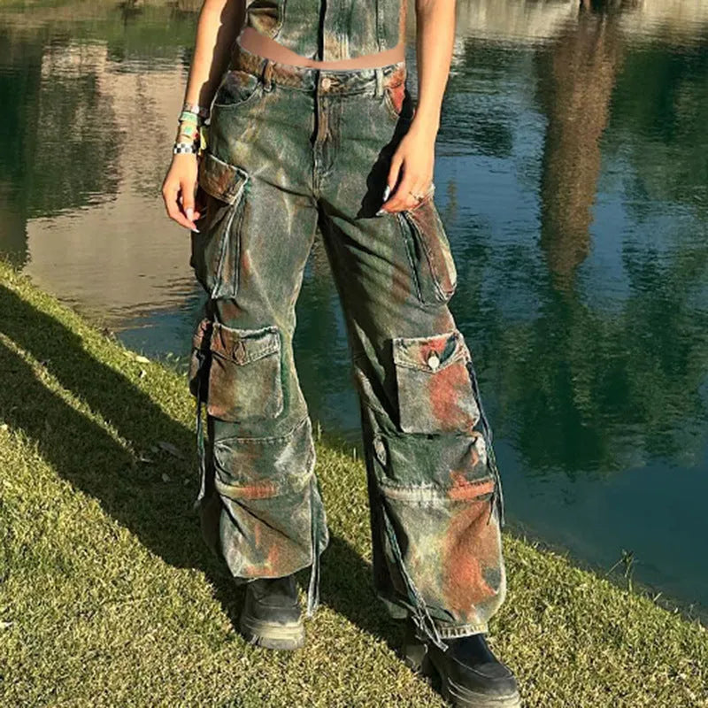Loose cargo denim trousers with gradient colour pockets and collage stitching detail