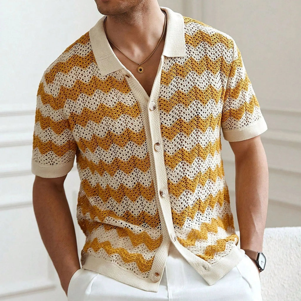 Men's blue short sleeve sweater with textured hollow jacquard corrugated pattern