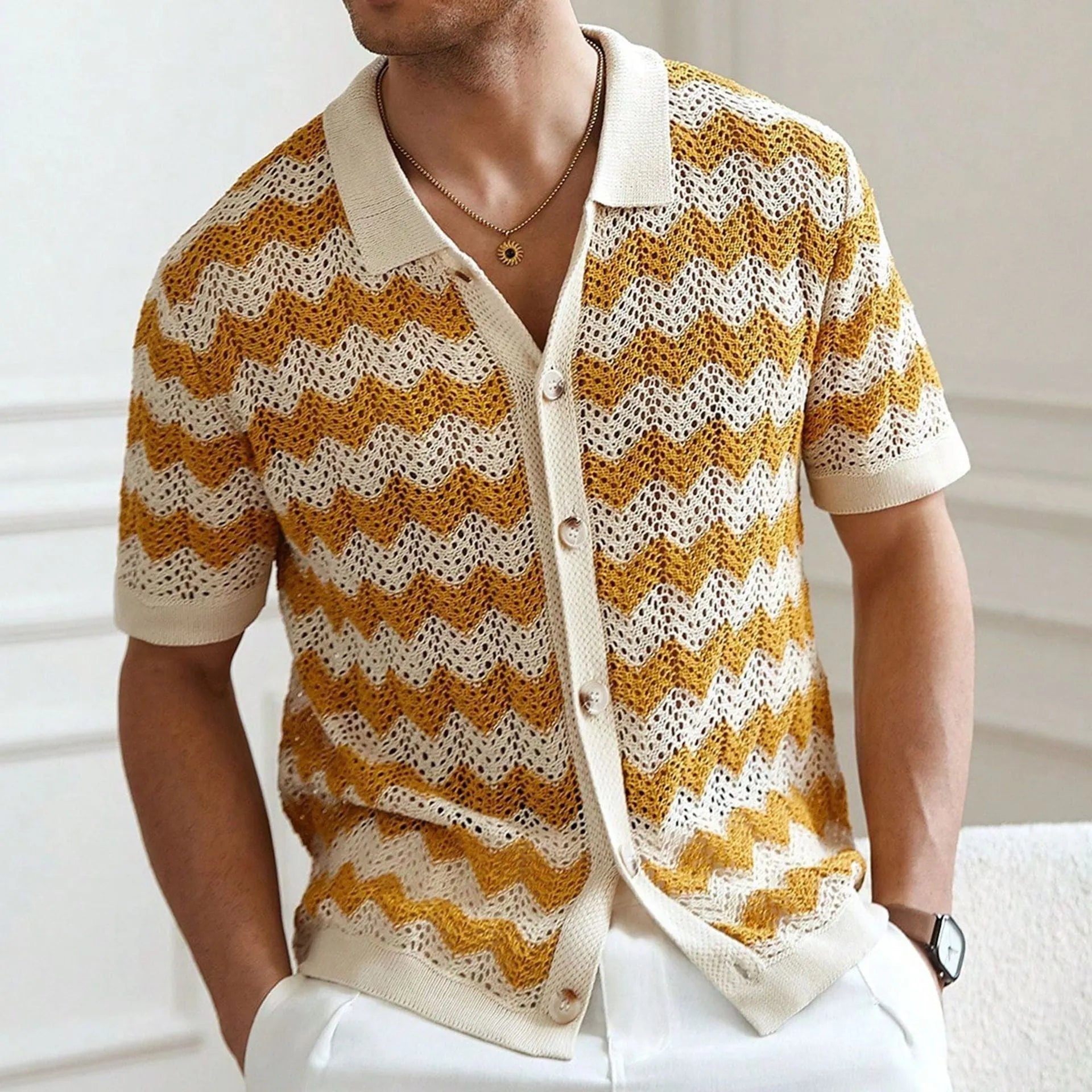 Men's blue short sleeve sweater with textured hollow jacquard corrugated pattern