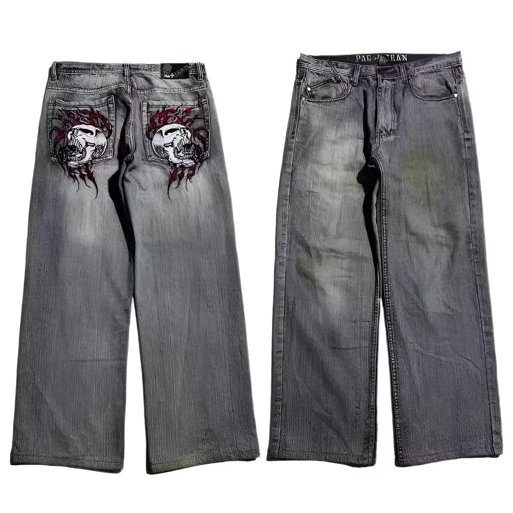 Men's grey washed-out jeans with retro workwear styling and straight-leg wide-leg cut