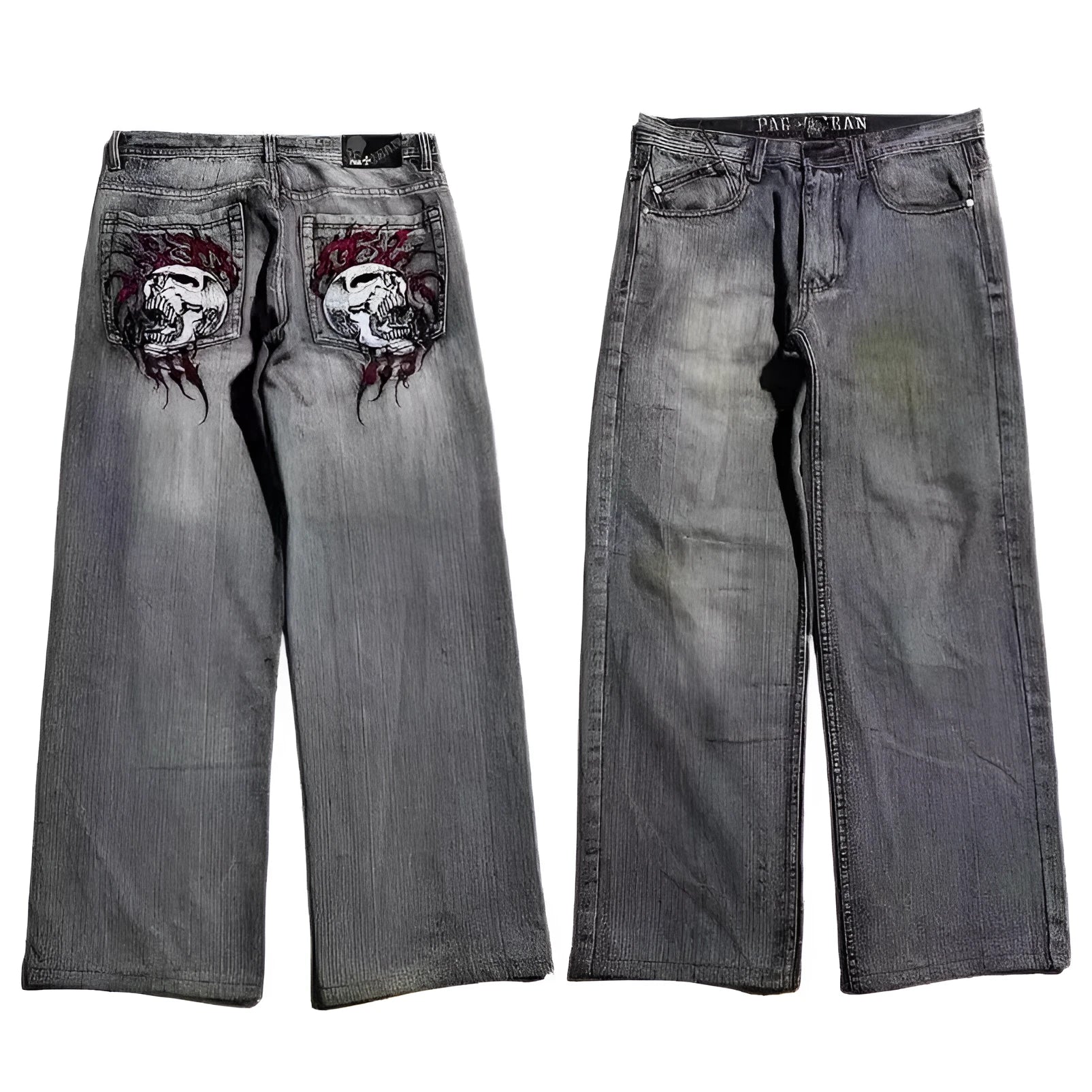 Men's grey washed-out jeans with retro workwear styling and straight-leg wide-leg cut