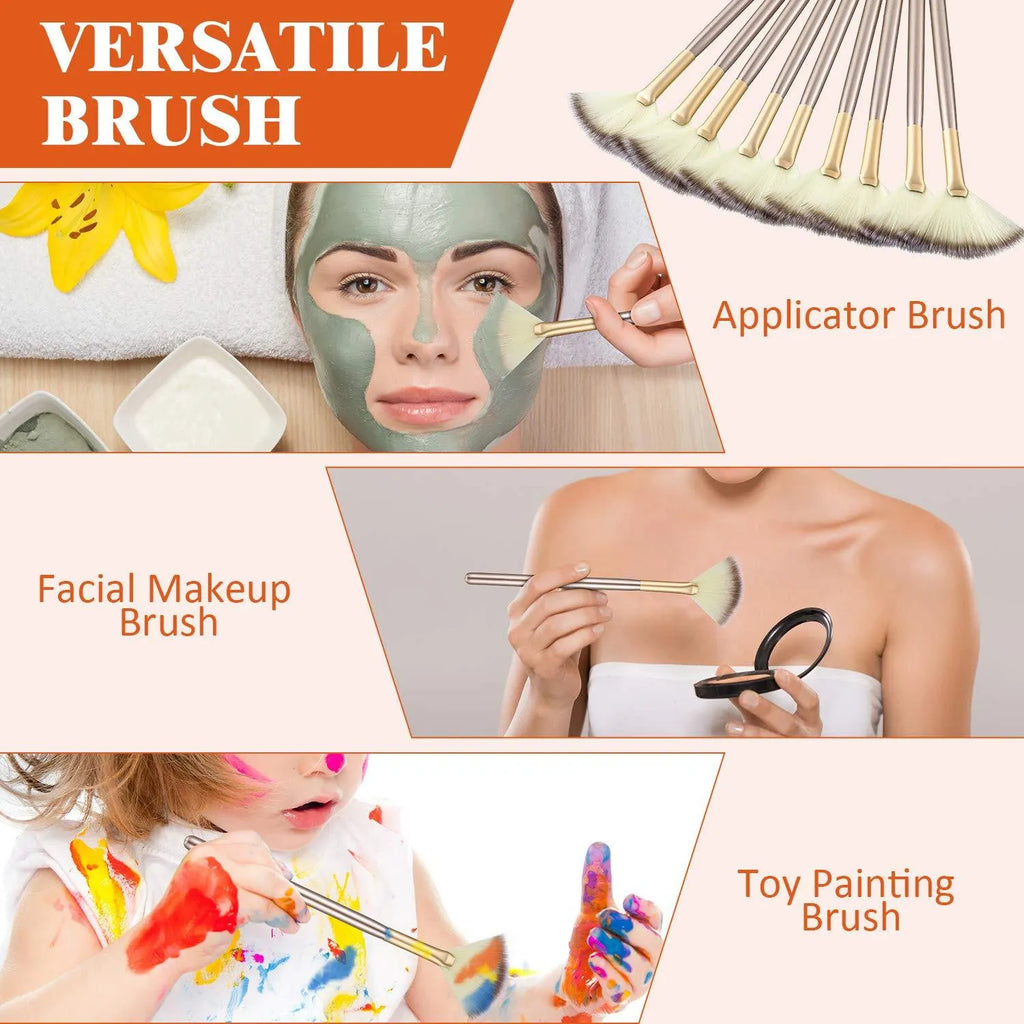 Ten champagne-coloured facial fan brushes with acrylic handles and protective covers.