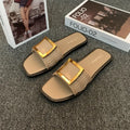 Women's flat summer slippers in apricot, black, or khaki with lightweight PVC soles.