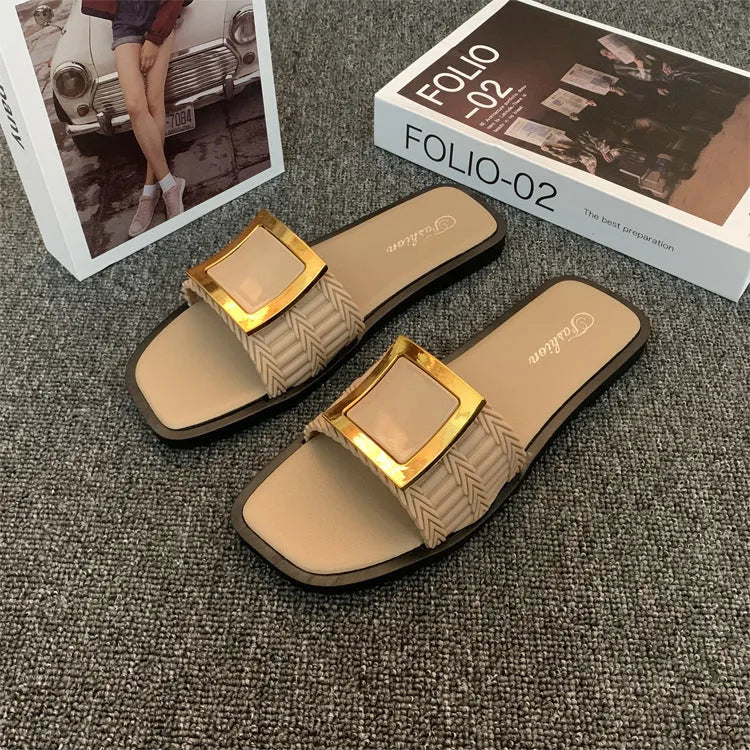 Women's flat summer slippers in apricot, black, or khaki with lightweight PVC soles.