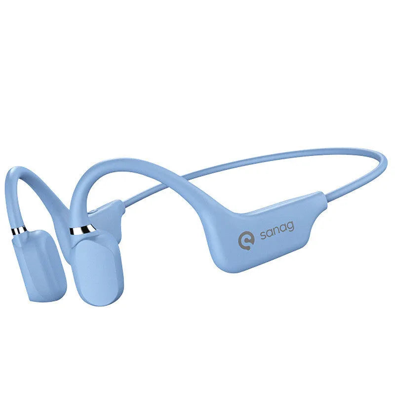 Bone conduction Bluetooth sports headphones with a neckband, shown in multiple colours including red and blue.