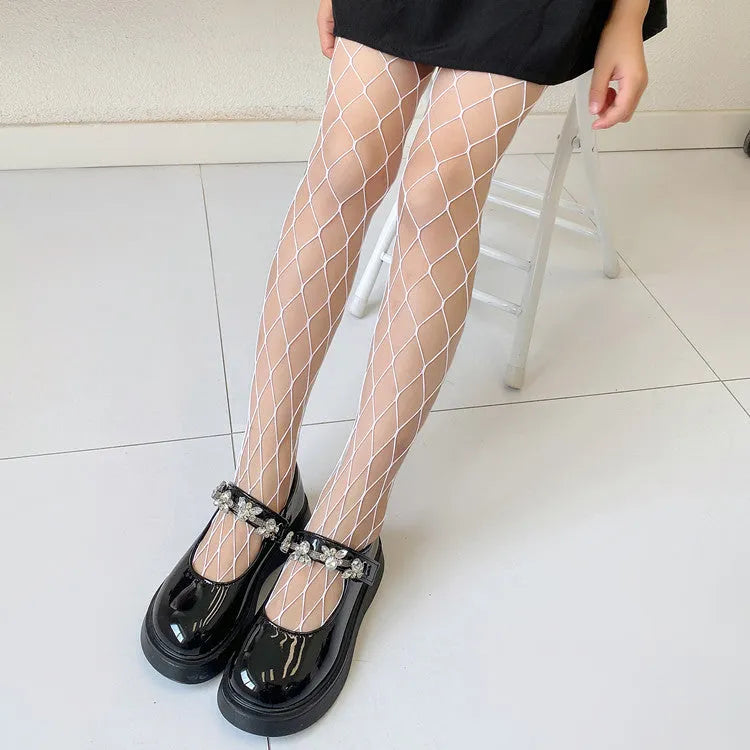 Women's summer mesh stockings showing large, medium and small net patterns in black and white colours