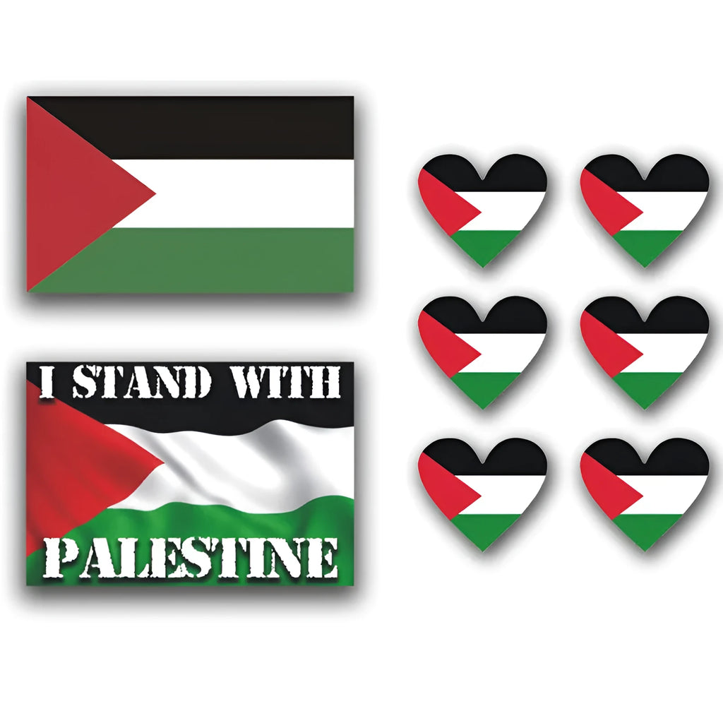Pack of six Palestinian flag and text car decal stickers on adhesive backing paper.