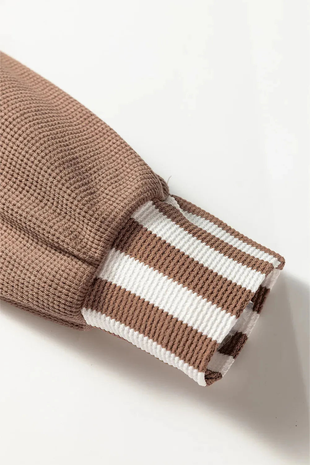 Straw yellow women's hoodie with waffle texture, striped patchwork, button neck and drawstring hood