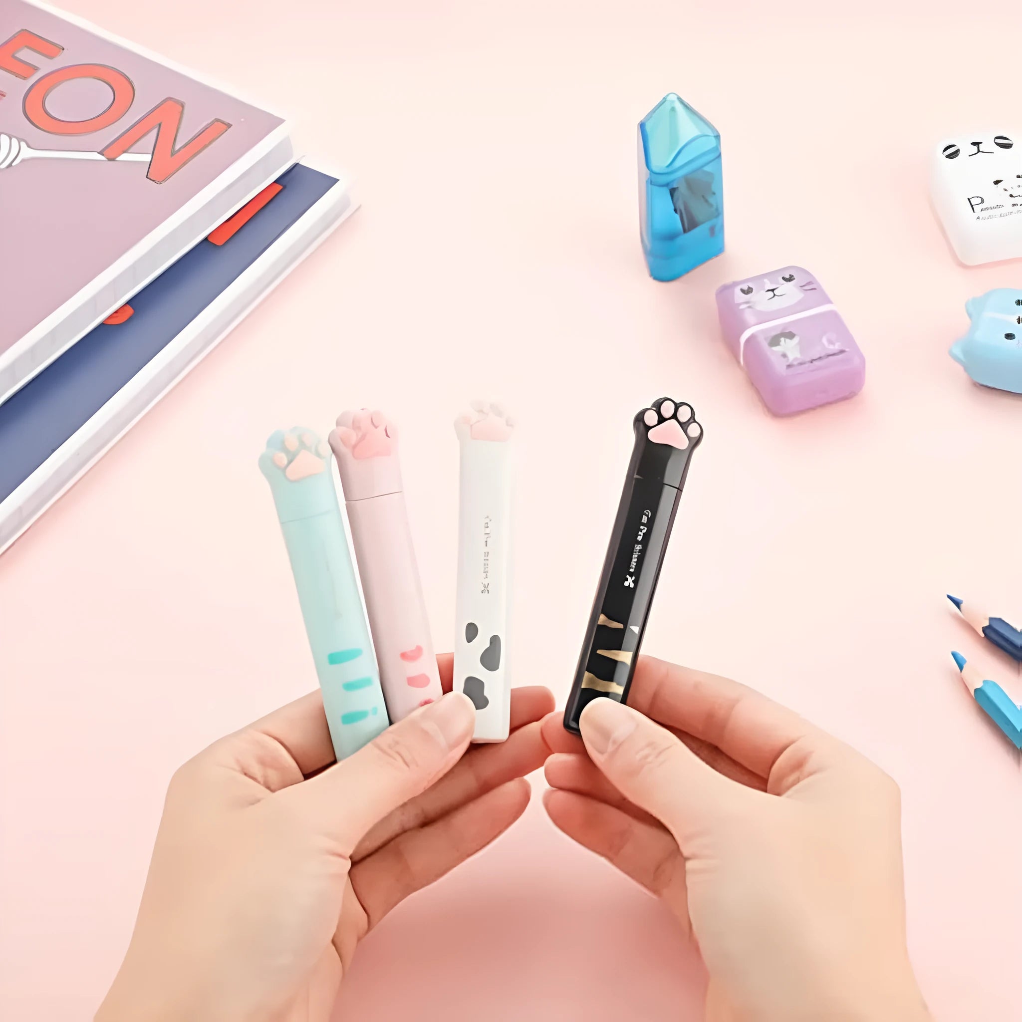 Cat paw design mini folding scissors in pink, white, black, or blue colour options