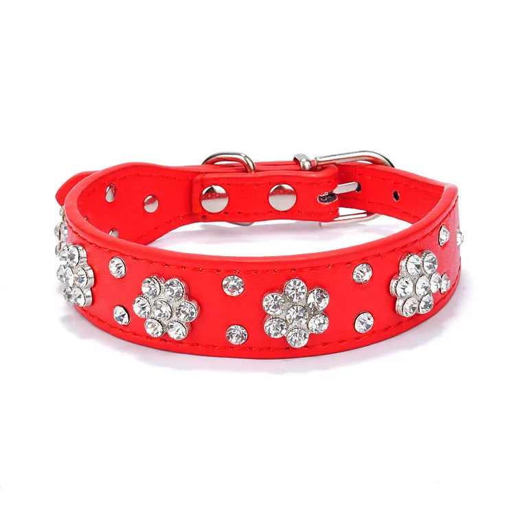 Black PU leather dog collar with sparkling rhinestone flower pattern and metal D-ring