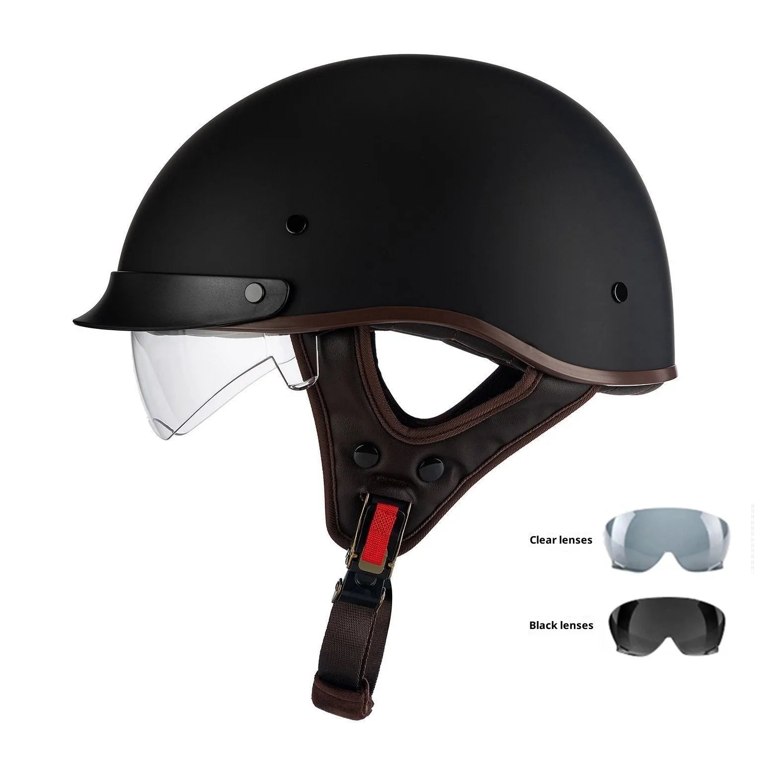 Retro electric motorcycle helmet in bright black with whiskers design on side and front vents