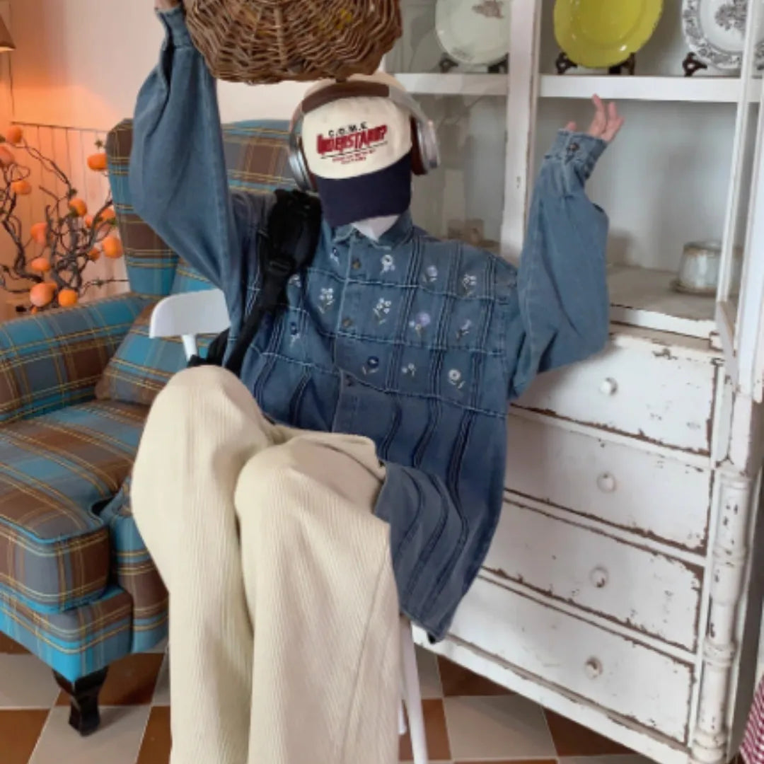 Vintage washed blue denim long-sleeved shirt with small floral pleated detail