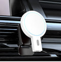 Black magnetic wireless phone charger with adjustable stand showing 85mm compact dimensions