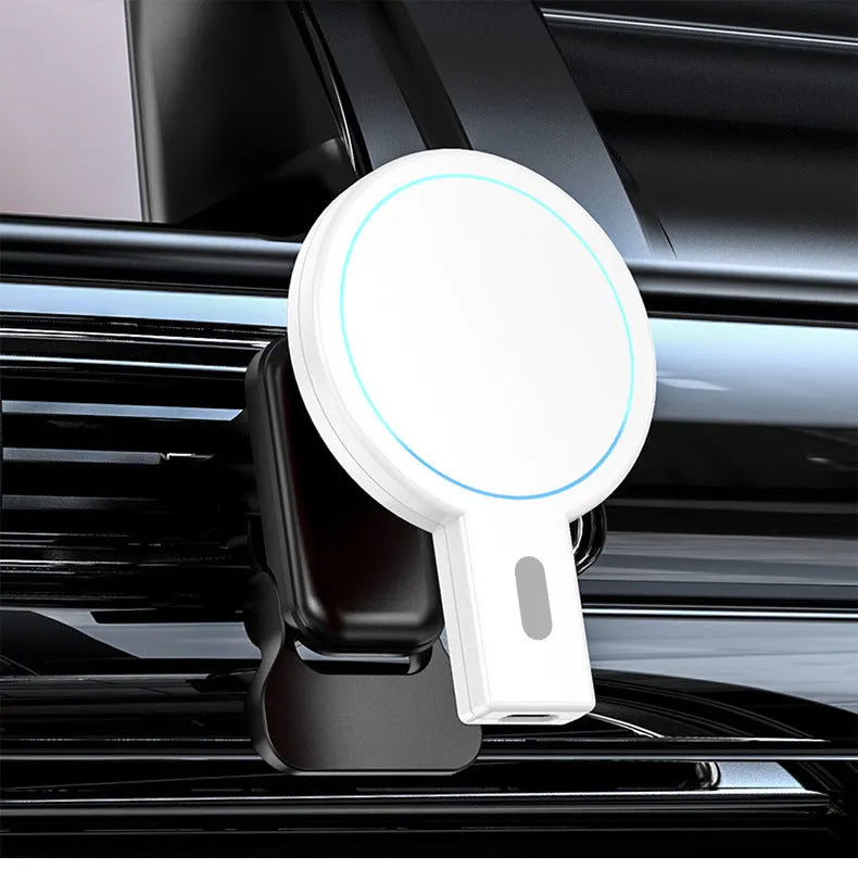 Black magnetic wireless phone charger with adjustable stand showing 85mm compact dimensions