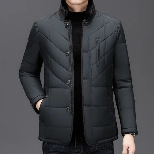 Men's solid colour winter cotton-padded coat with side seam pockets in dark blue