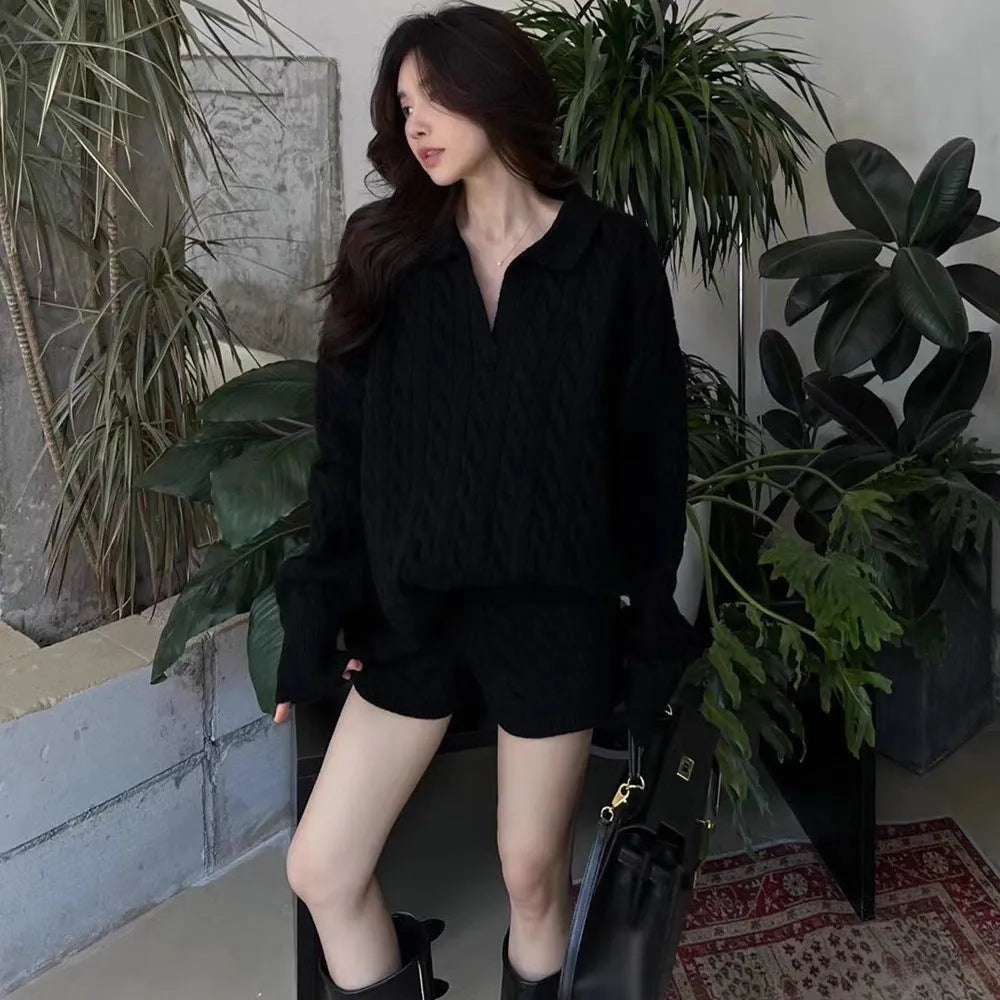 Women's knitted suit set with cable knit pattern jumper and elastic waist shorts in solid colour