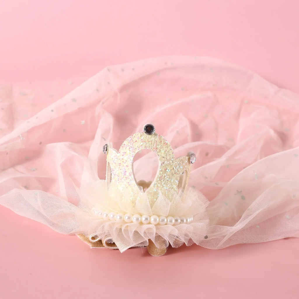 Pet princess crown headdress for cats with lace-trimmed veil in beige or pink colour options
