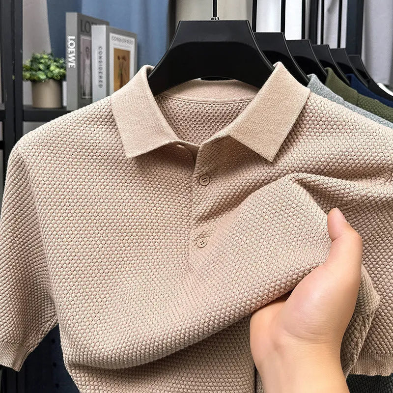 Men's loose fit short sleeve cotton pullover sweater in grey, showing relaxed casual style
