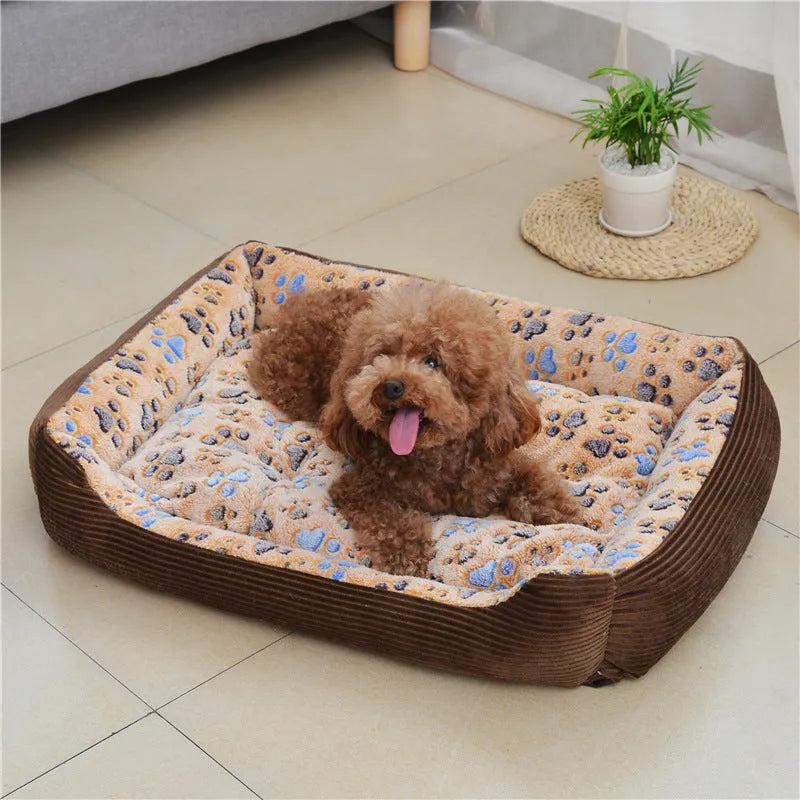 Beige soft plush dog bed sofa with raised sides and a removable zip-off cover.