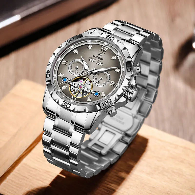 Men's automatic mechanical watch with stainless steel strap and mineral glass in multiple colour options