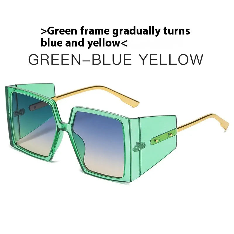 Large square frame sunglasses showing seven colour options including black, blue, champagne, orange, green, white and hawksbill