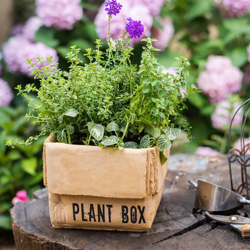 Cement brown paper box style flowerpot with a drainage hole, shown in a Nordic interior setting.
