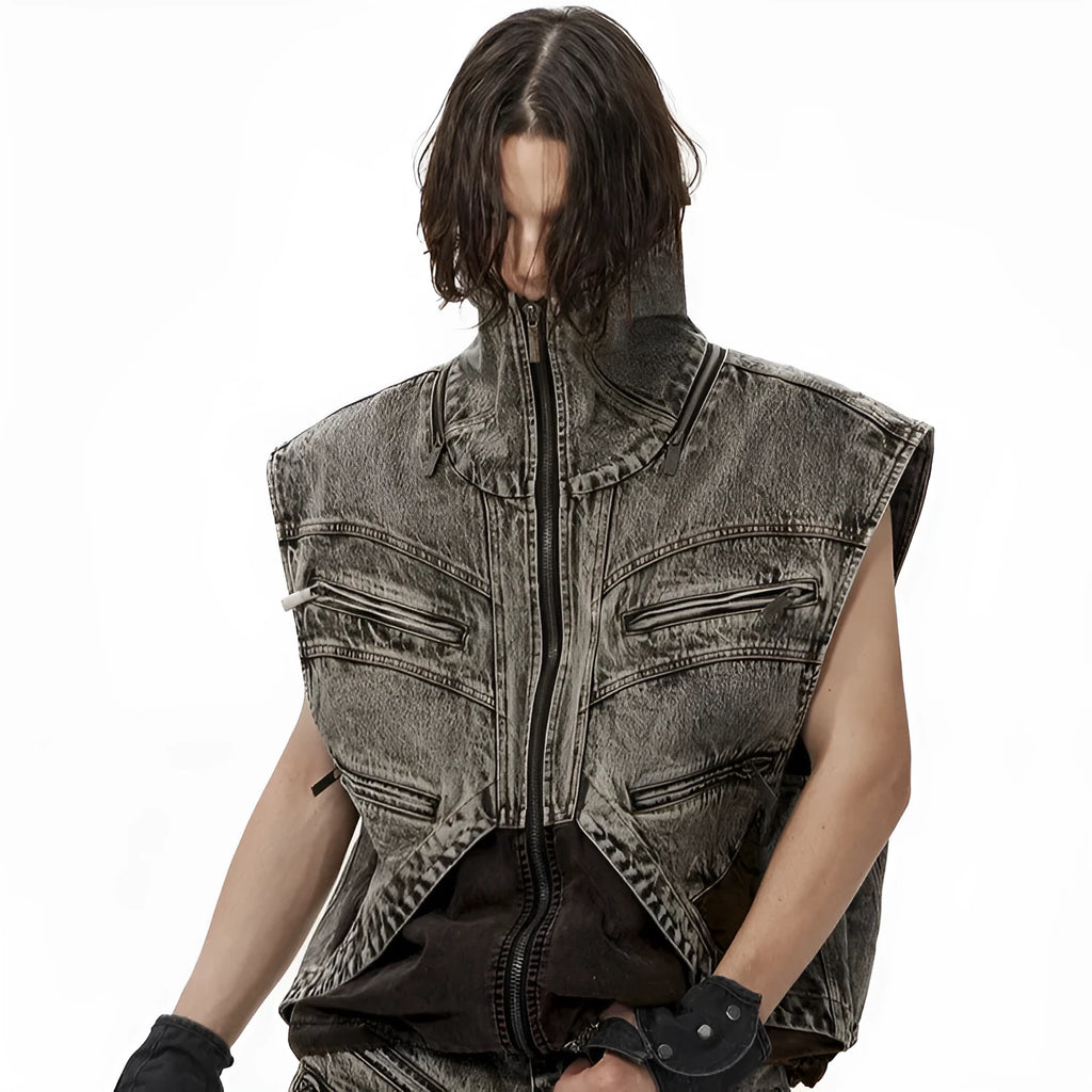 Men's blue denim vest with splicing design and zip front closure