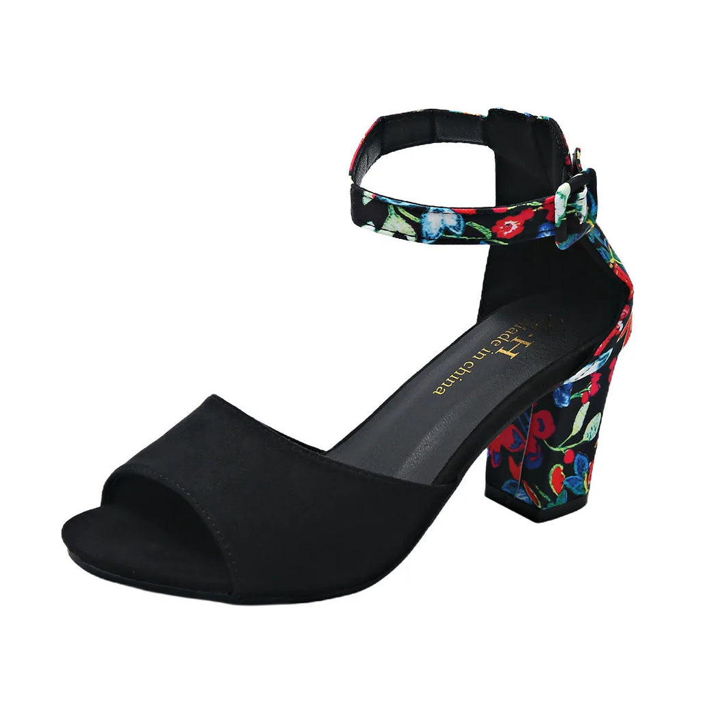 Women's round toe hollow ankle-strap buckle thick high heel sandals in black red yellow sizes 34-45
