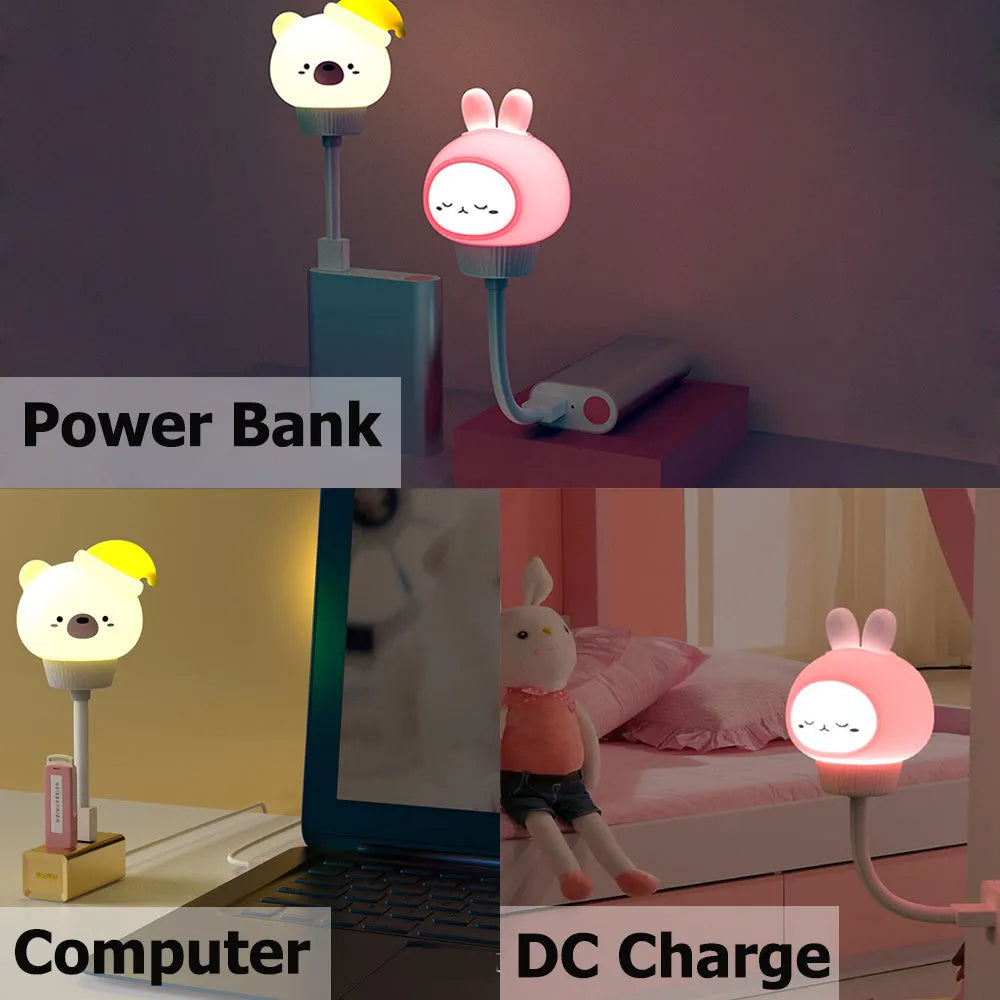 Cartoon animal USB night light with adjustable brightness on bedside table
