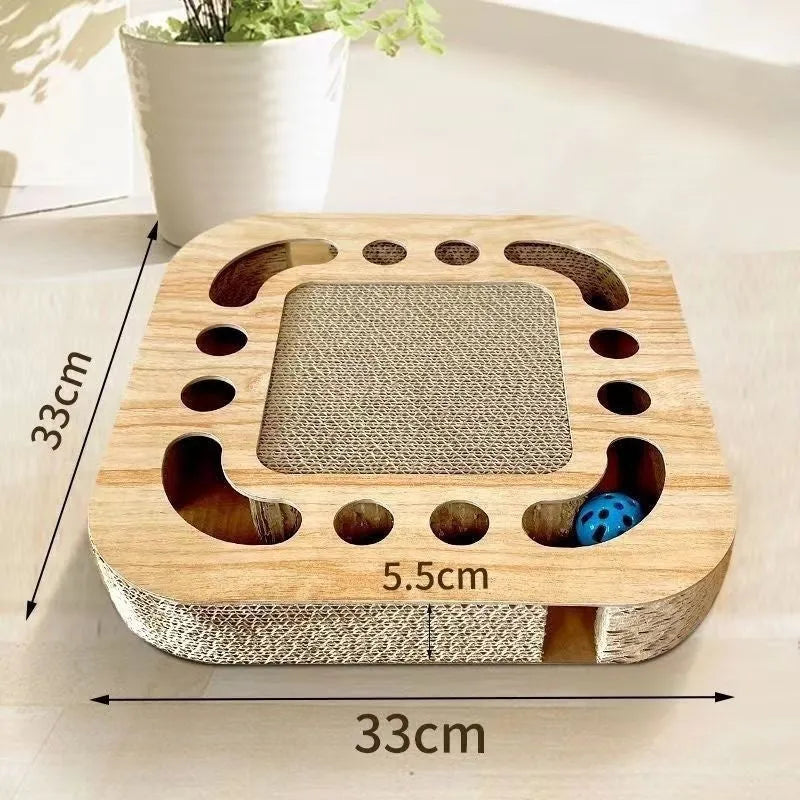 Grab And Play 2-in-1 cat scratch pad toy in round shape, made from paper, on floor