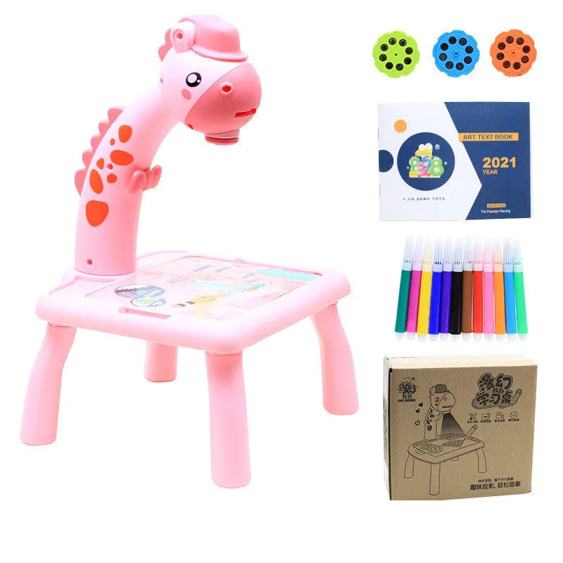 Children LED projector drawing table with projection copying, dust-free board, and watercolour pens for kids