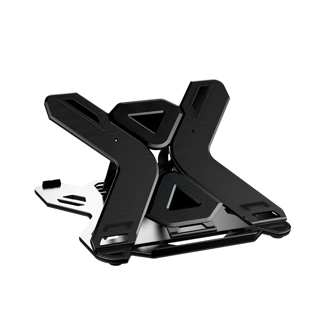 Black and white ABS plastic laptop cooling stand with rotating and non-rotating base options.