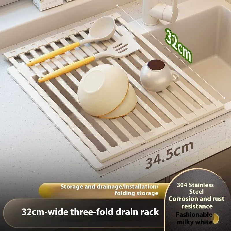 Milky white foldable stainless steel kitchen draining rack shown in a sink.