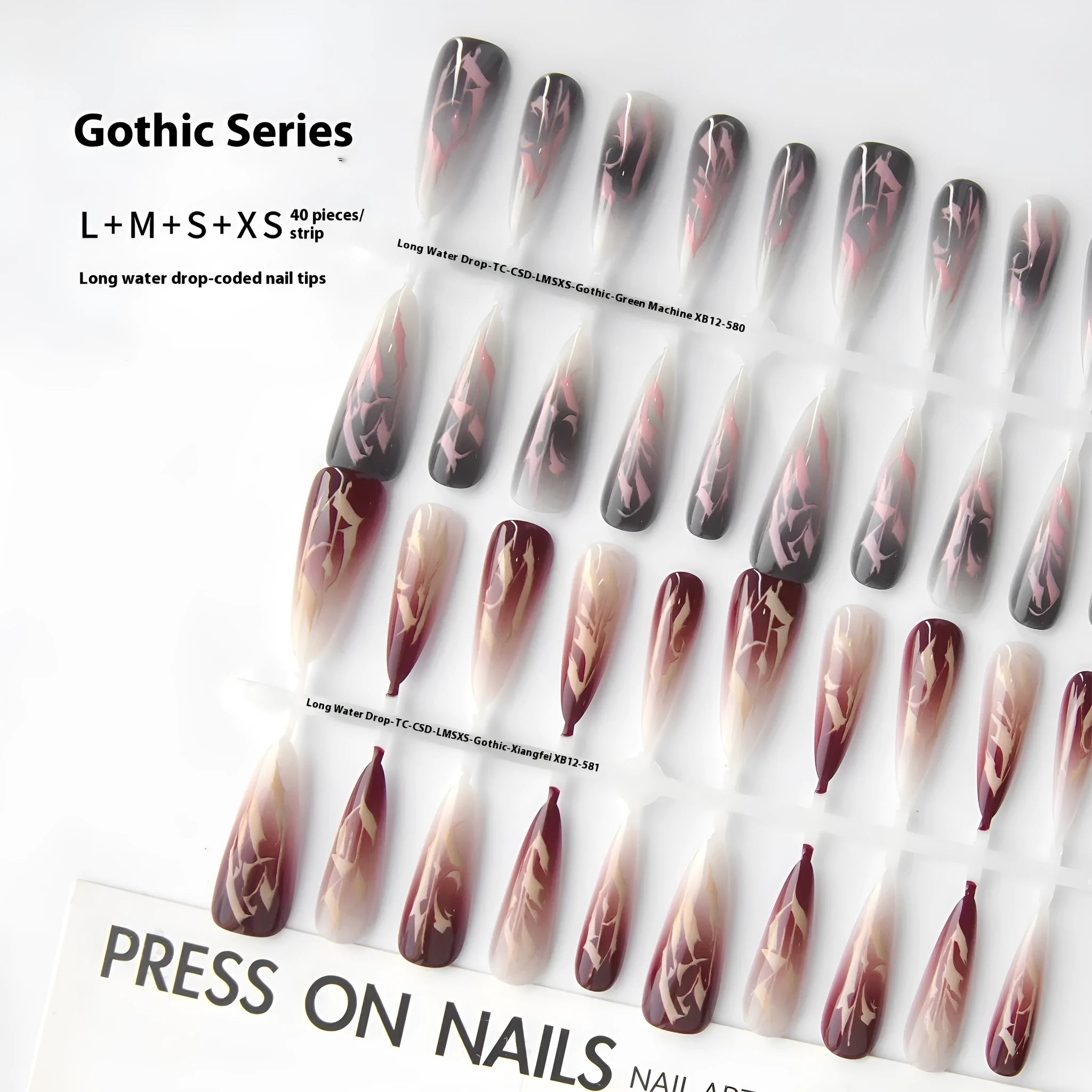 Retro Gothic long water drop frosted nail stickers set 40 pieces in Gothic-Xiangfei colour on an antique style background