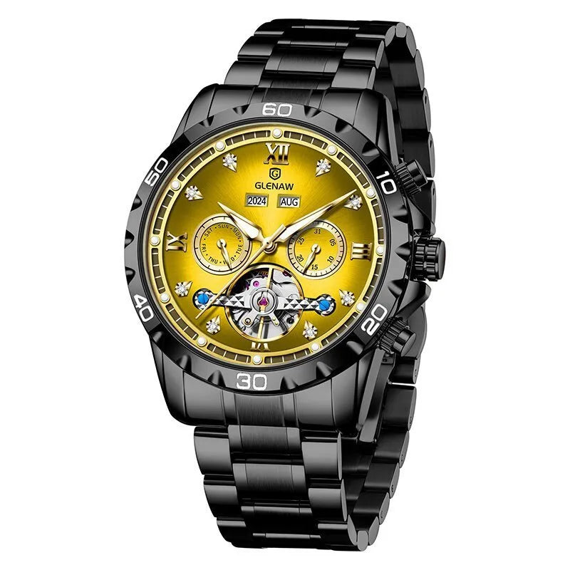 Men's automatic mechanical watch with stainless steel strap and mineral glass in multiple colour options