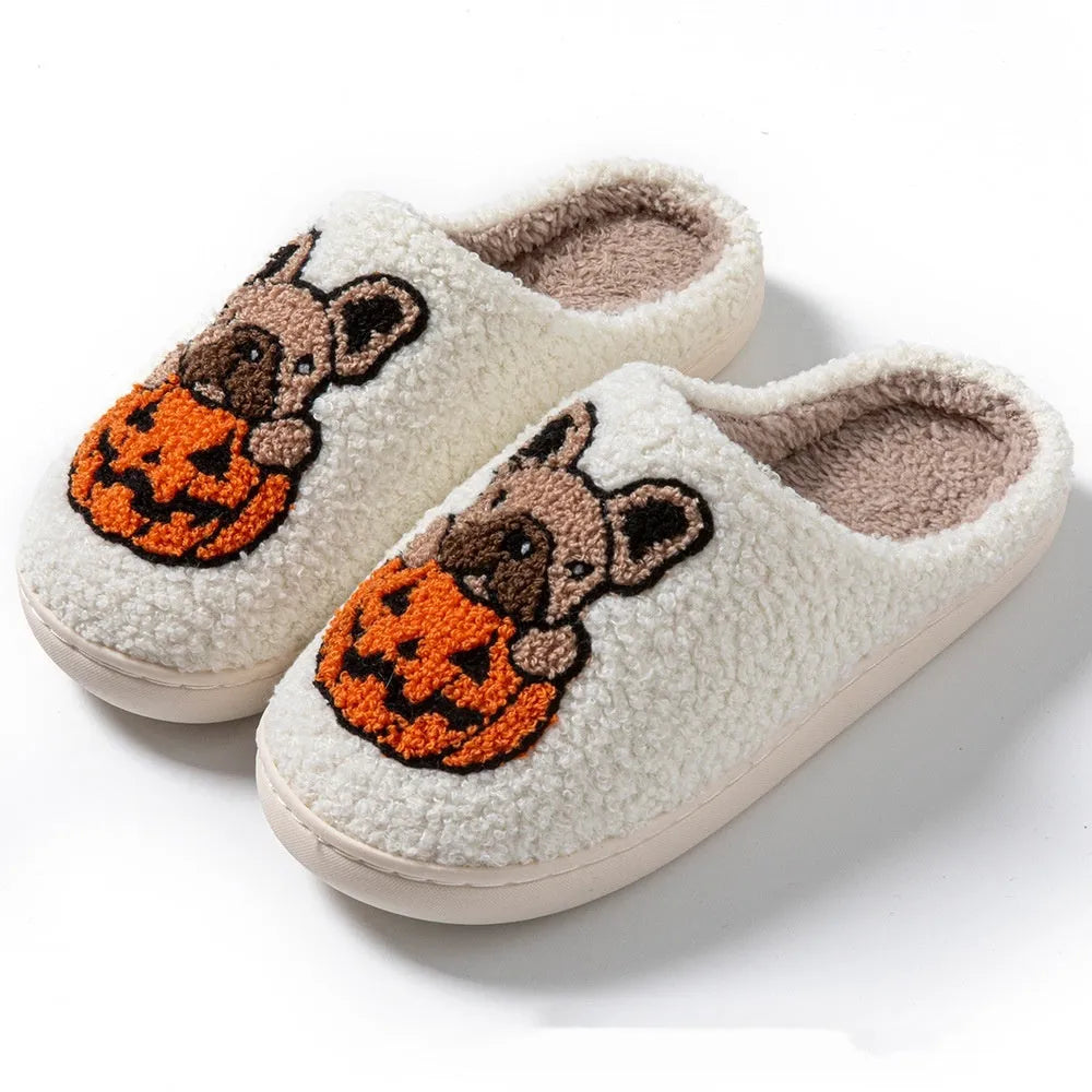 Halloween pumpkin house slippers in black with plush material and non-slip rubber soles
