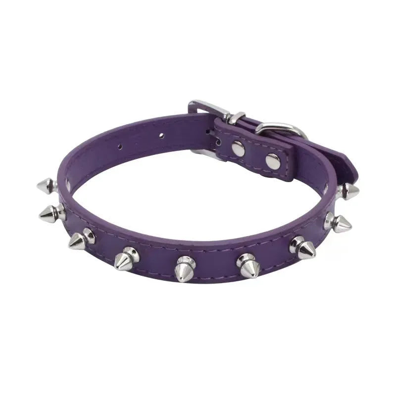 Colourful studded dog collar with metal spikes on thickened PU leather, showing alloy metal fastener and six colour options