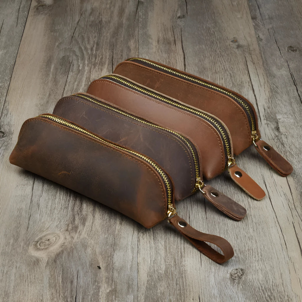 Handmade leather pencil case with zipper in black brown dark brown yellow colours