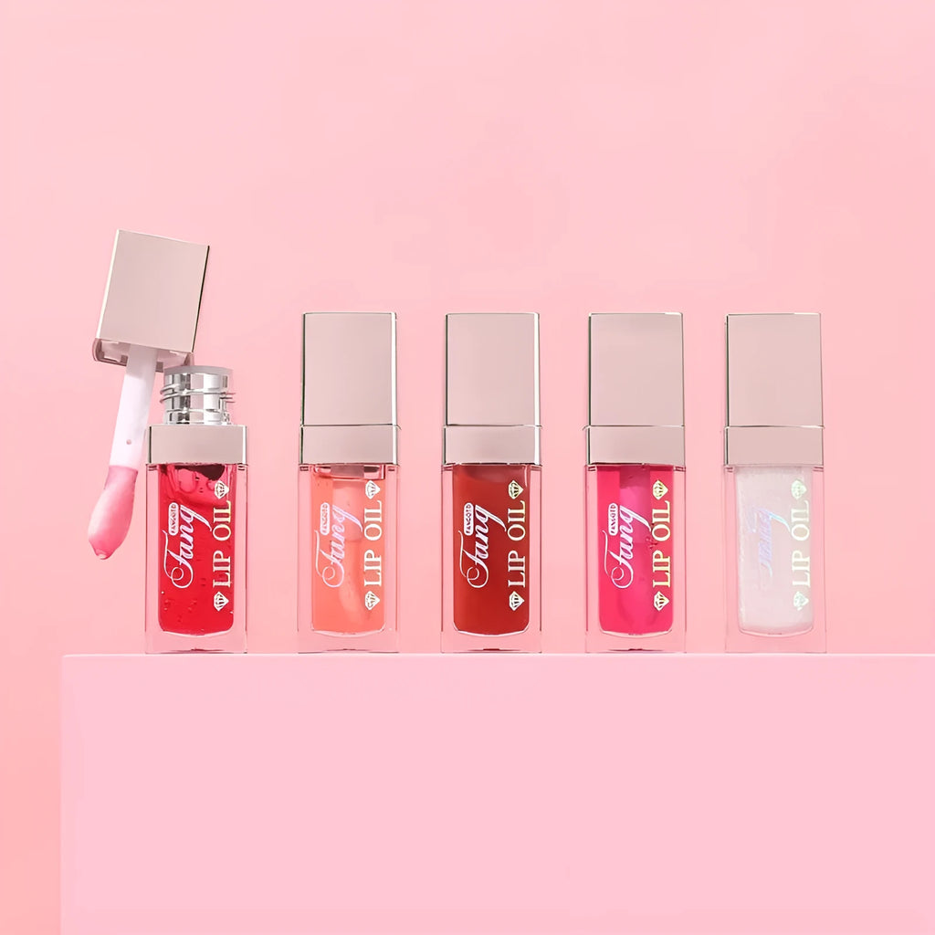 Five colour options of bright lip gloss mint lipstick with moisturising lip essence oil formula