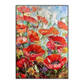 Handmade oil painting of thick red flowers on unframed canvas, vertical orientation, modern style
