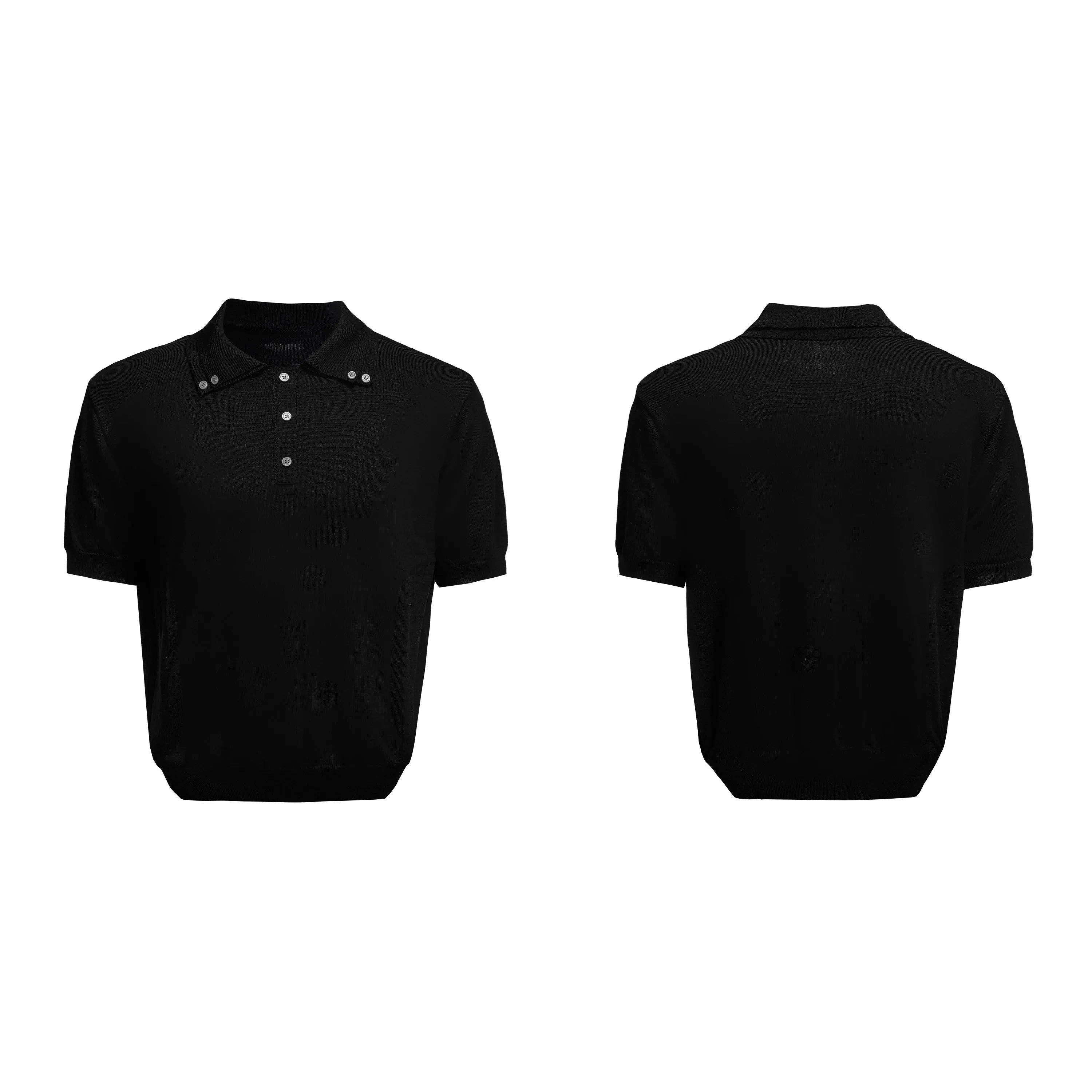 Men's black double collar short sleeve polyester shirt with lapel design