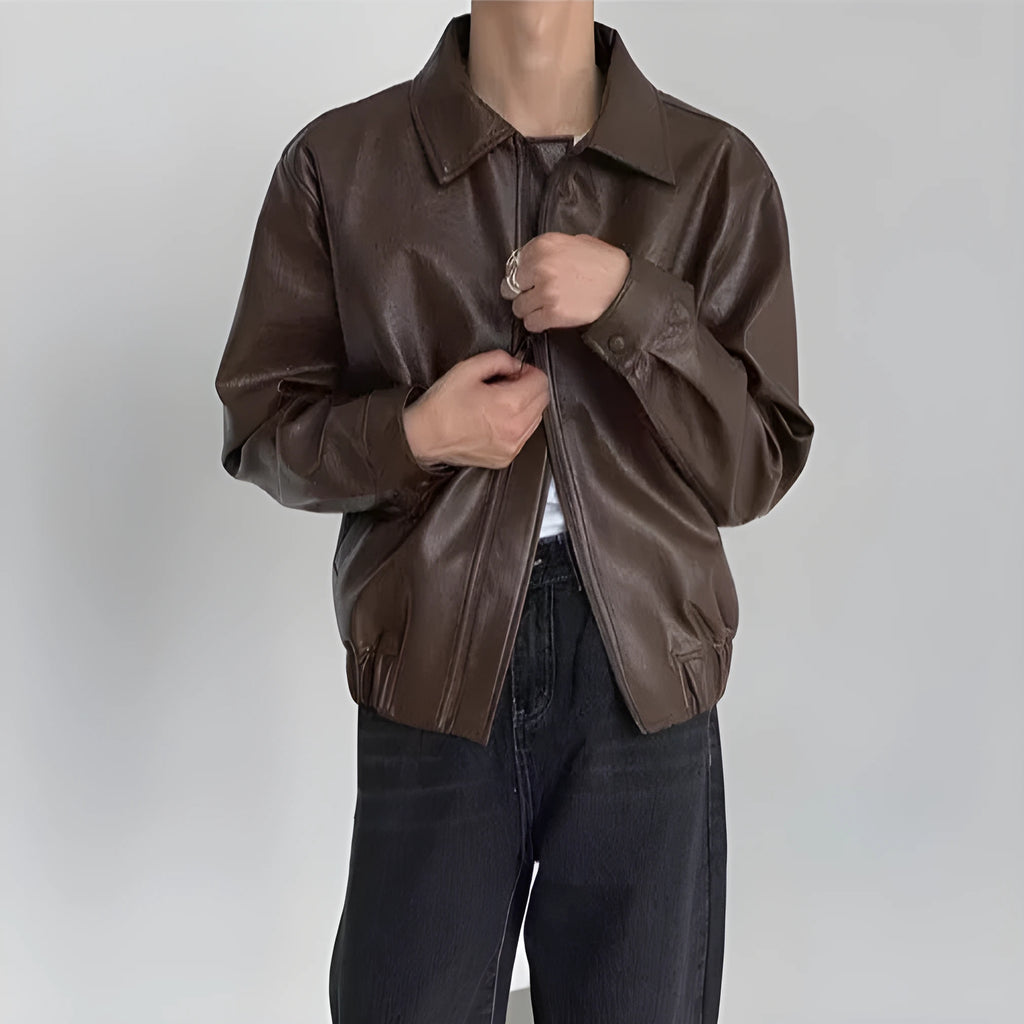 Brown PU leather jacket with straight hem, Korean-style couple hip-hop top
