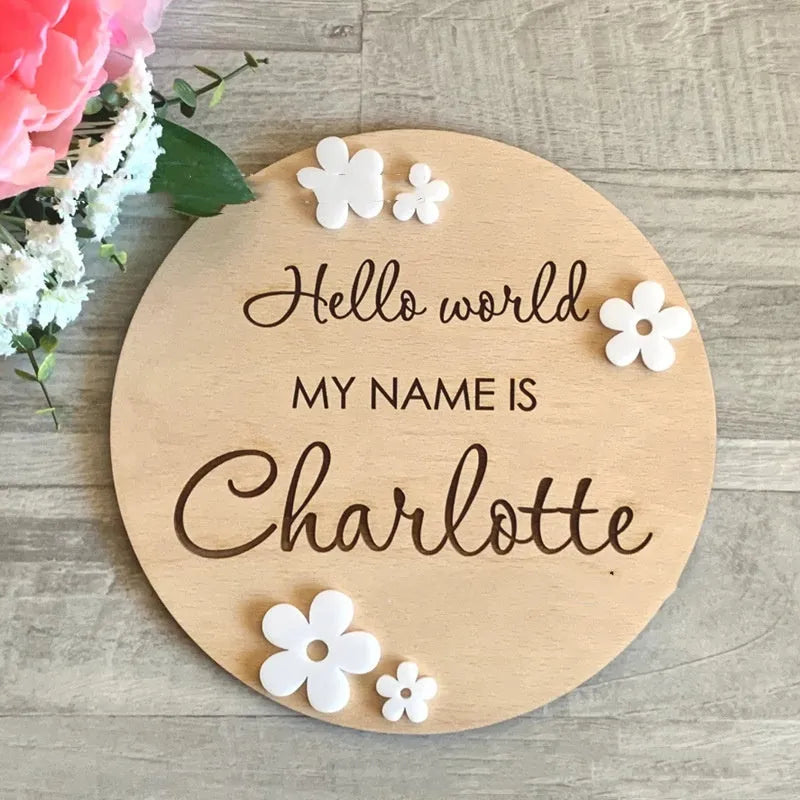 15cm square wooden baby name label with birth information display in rustic nursery style