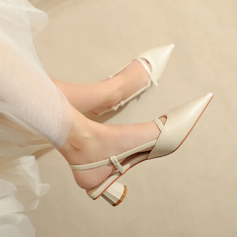 Women's chunky heel pointed sandals in beige with stitching detail and rubber sole