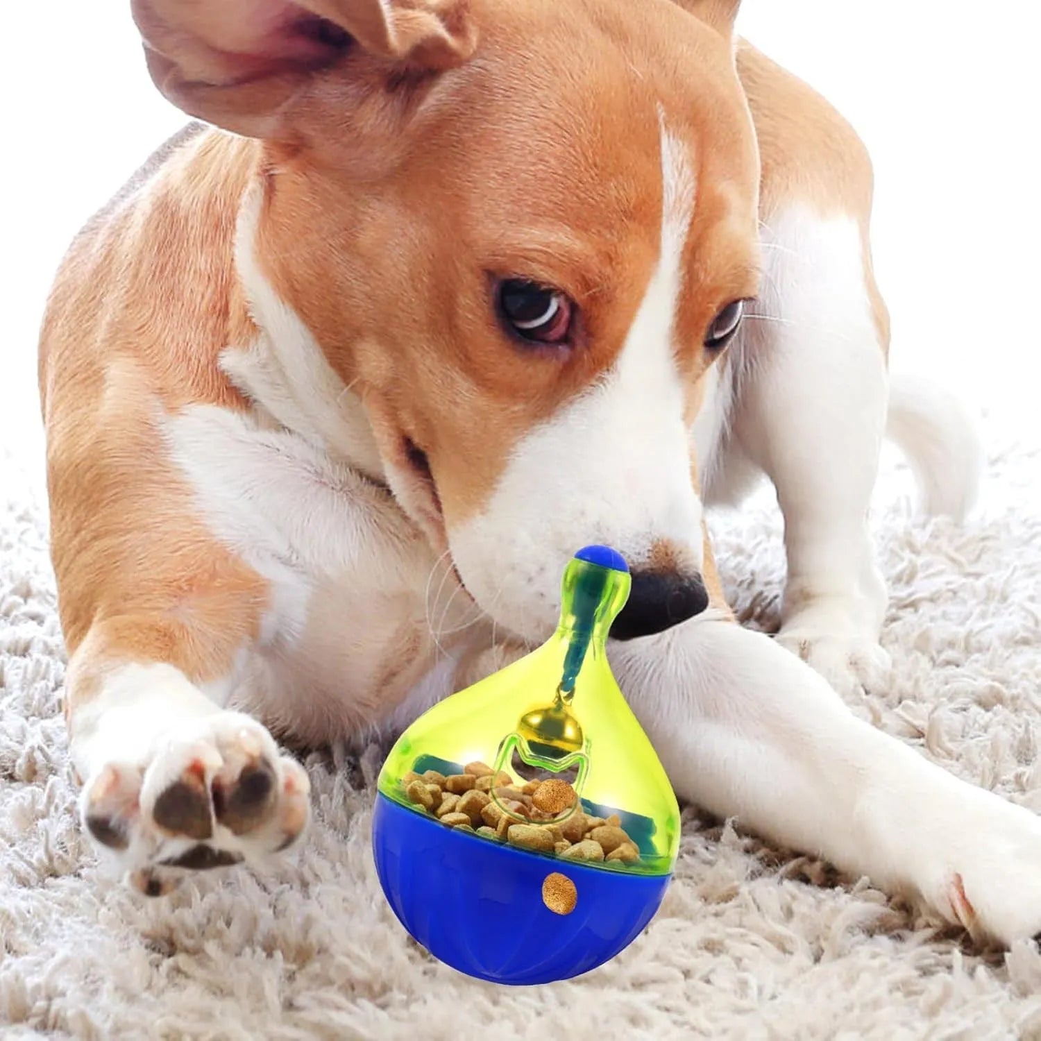 Blue tumbler-shaped pet treat dispenser toy for dogs and cats on wooden floor